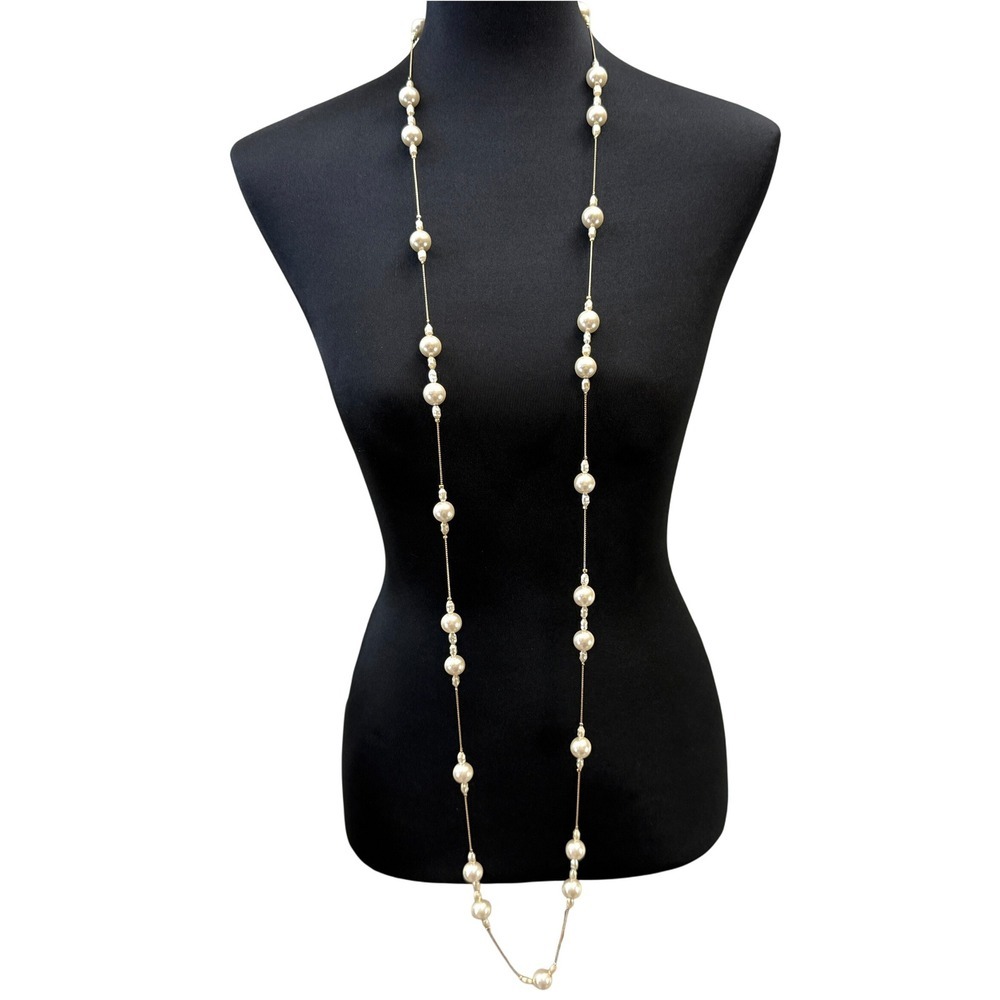 Long Faux Simulated Pearls Necklace Layering Gold Tone Chain Elegant 30 in L
